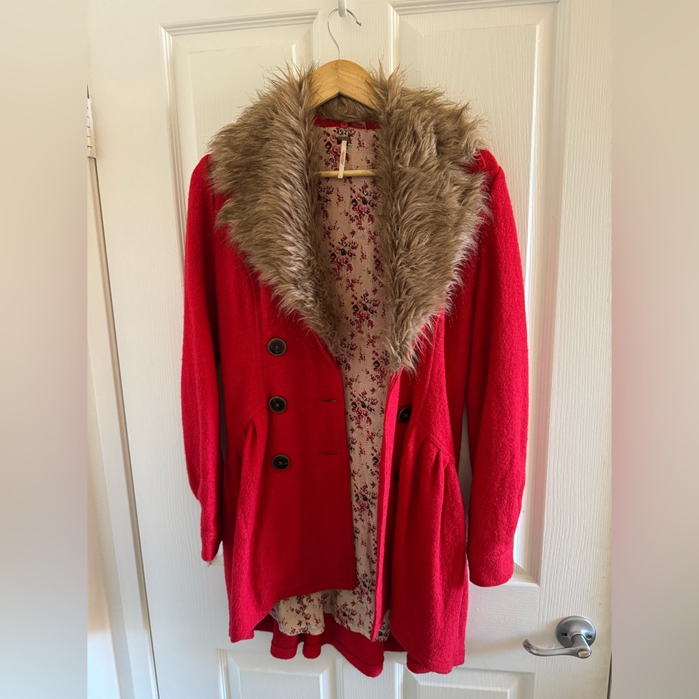 Free People Red Coat with detachable Faux Fur Collar